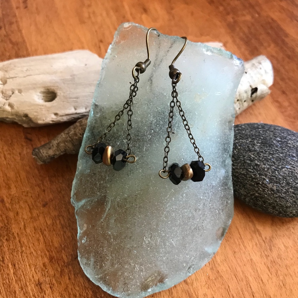 Handmade Black Swarovski Crystals Chain Earrings